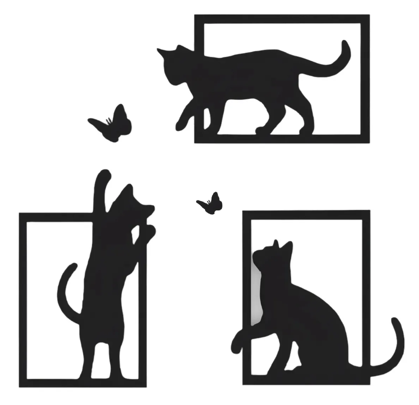Kit com 3 placas decorativas de parede com silhuetas de gatos em molduras geométricas