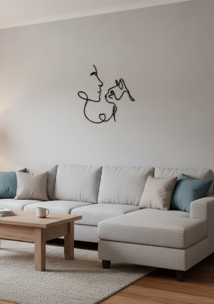 Arte de Parede Tutora e Gato — Traço Único