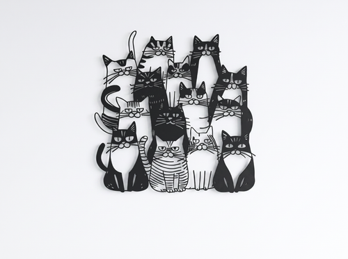 Arte de parede com 11 gatos em filamento preto, estilo ilustração, sobre parede branca
