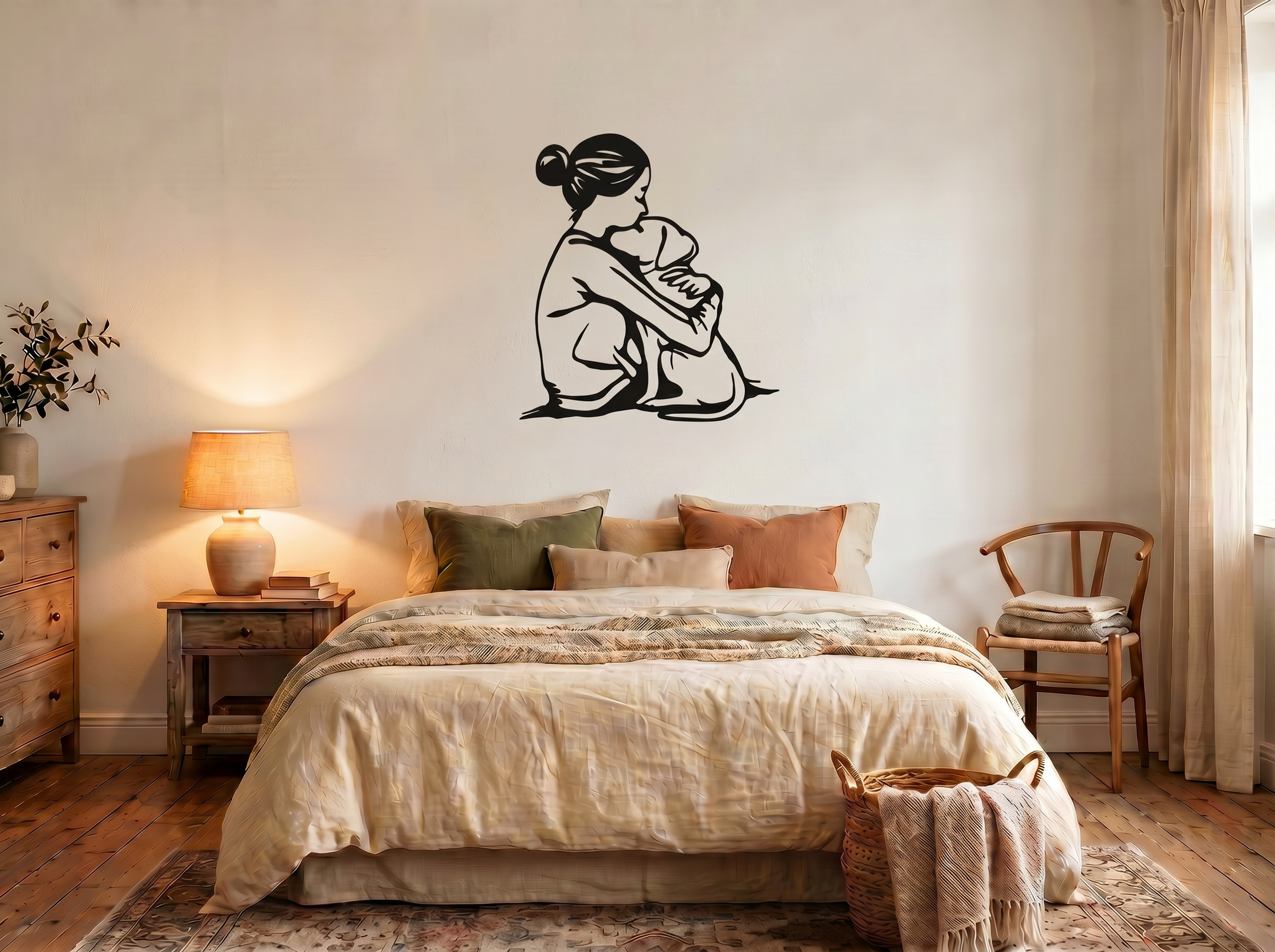 Arte de parede tutora e cachorro impressa em 3D aplicada em quarto aconchegante acima da cama
