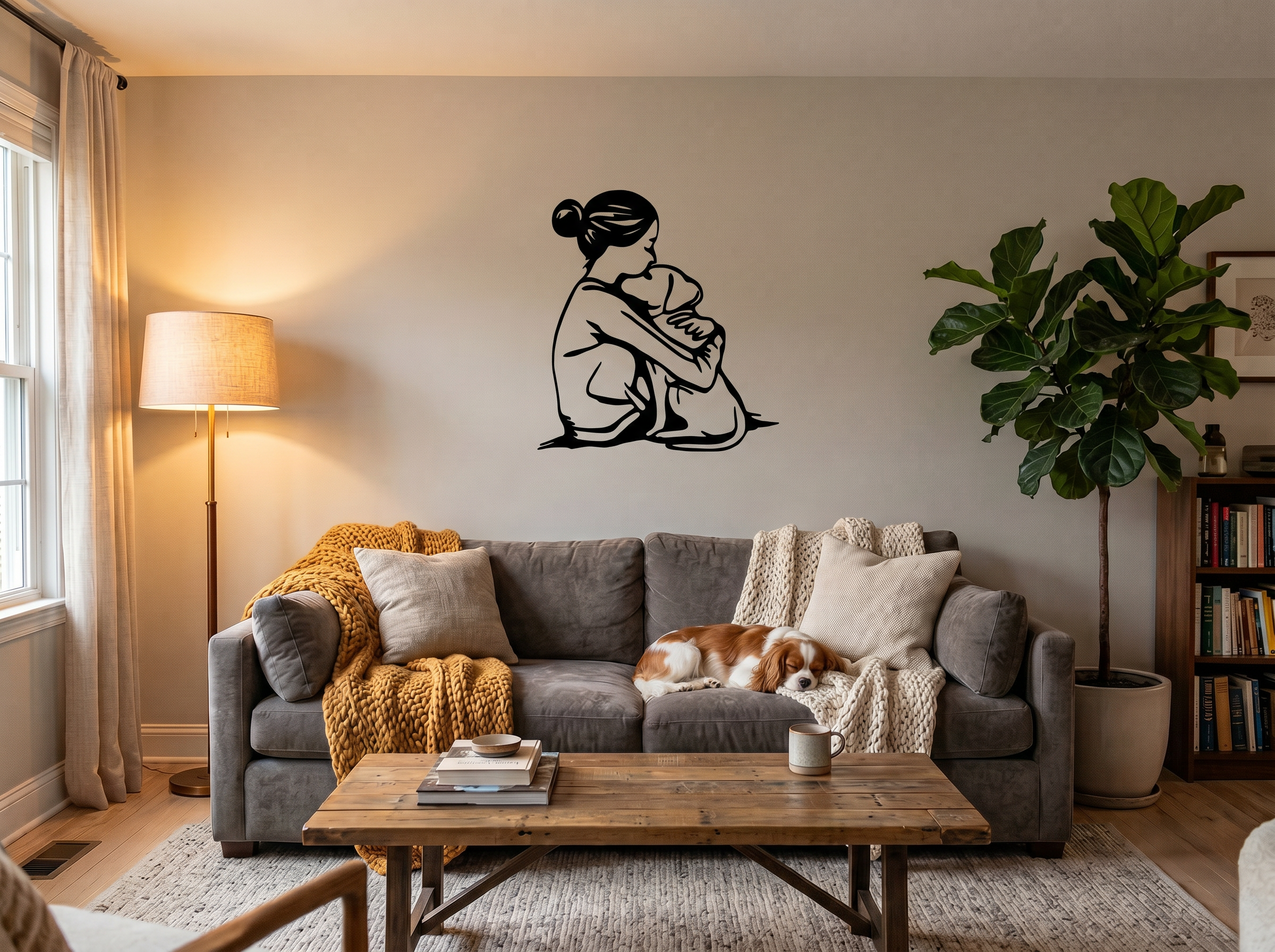 Arte de parede tutora e cachorro impressa em 3D aplicada em sala de estar com sofá e cachorro real