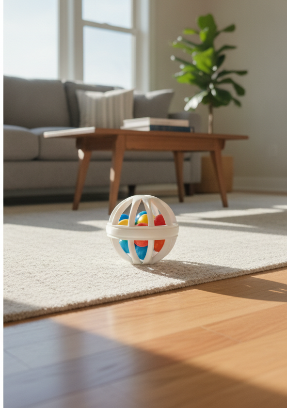 Bola interativa com sininho e bolinhas coloridas para gatos impressa em 3D, sobre tapete em sala de estar