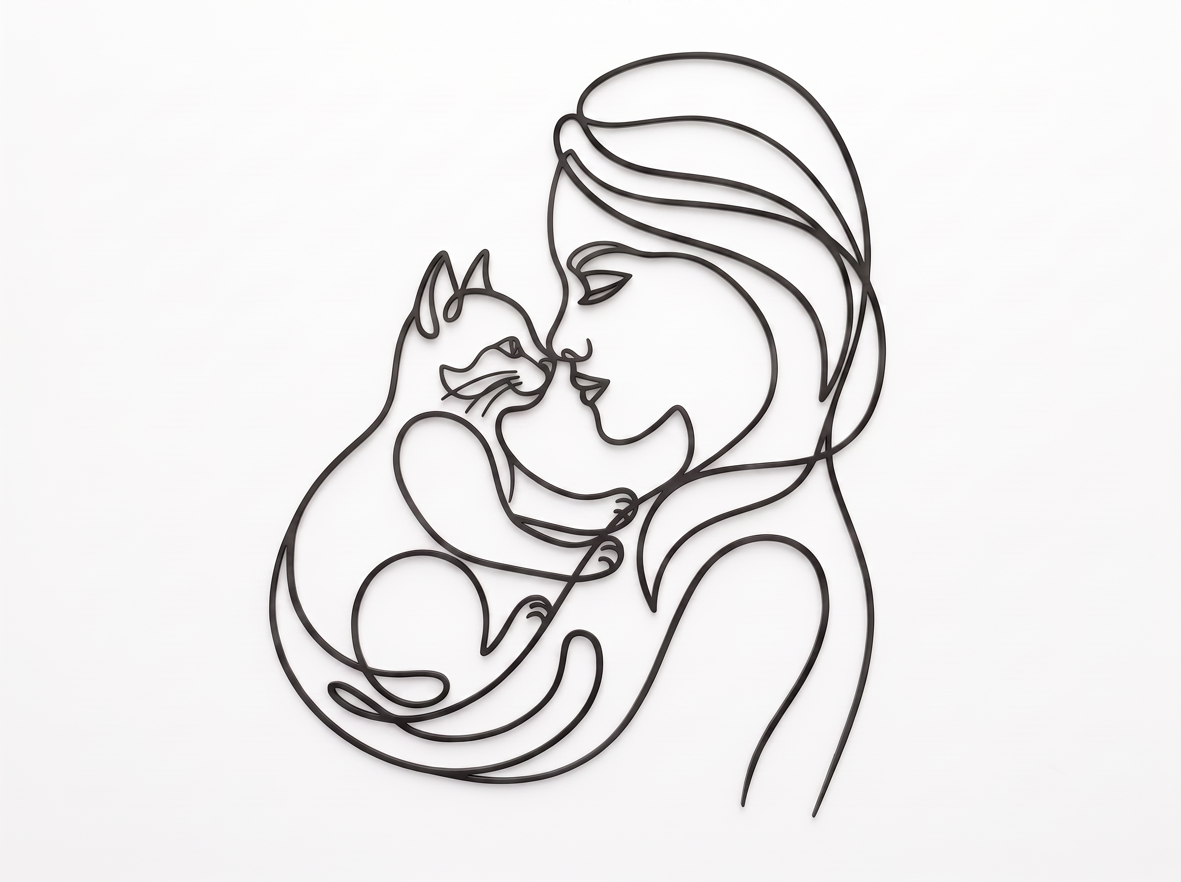 Arte de Parede Mulher e Gato — Traço Único Impressa em 3D