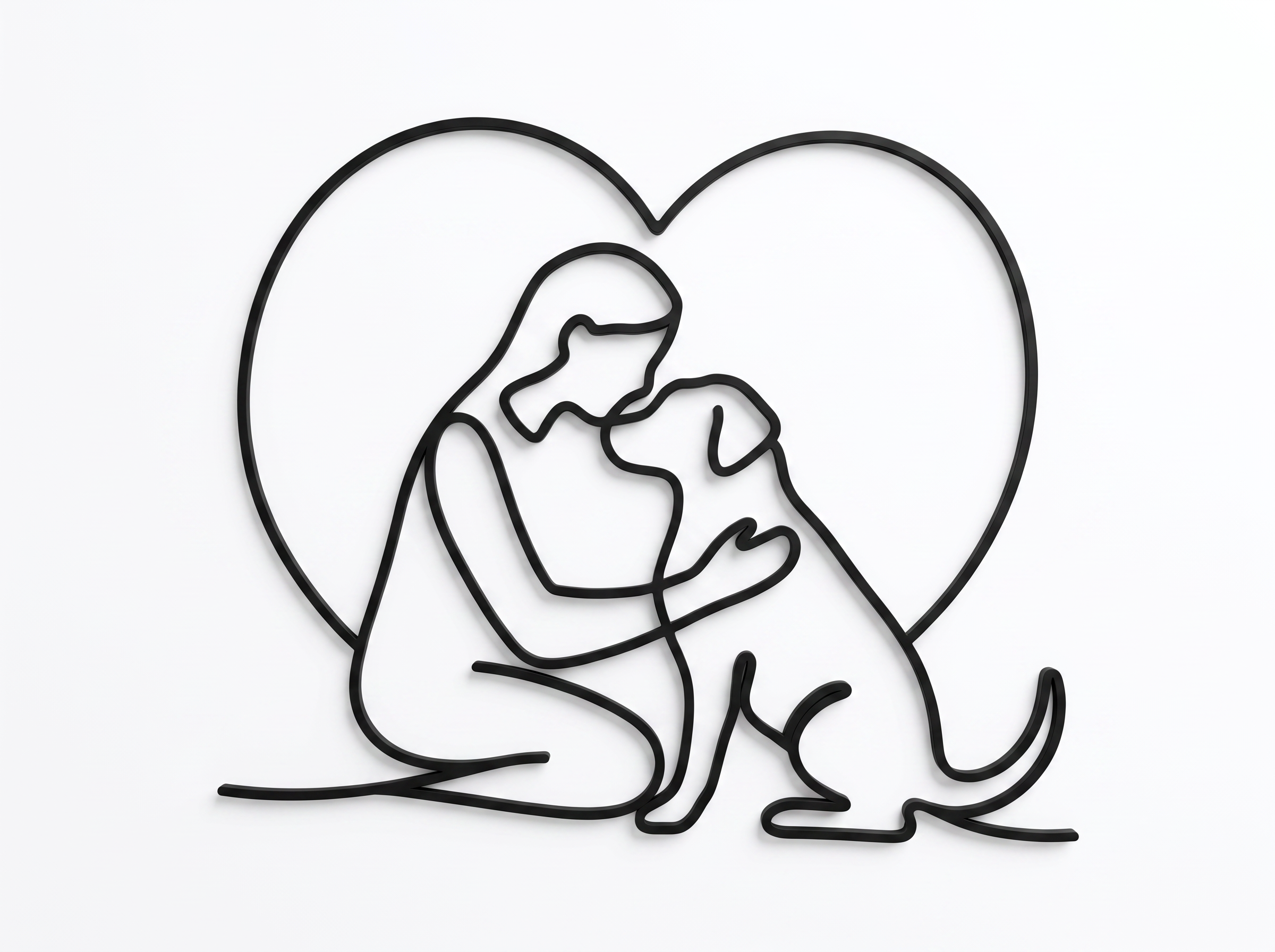 Arte de parede wire art – humano e cão unidos por um coração, impressão 3D em PLA preto