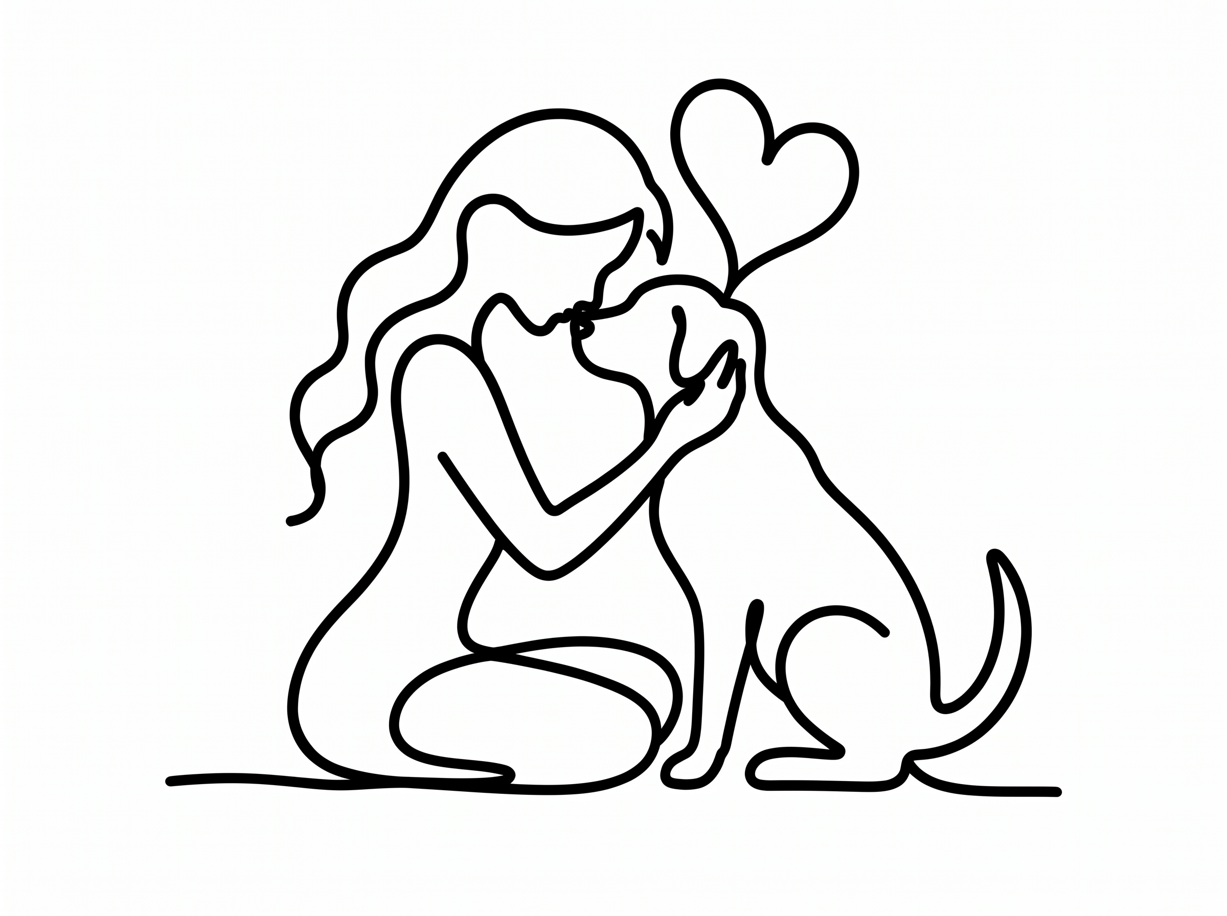 Arte de parede one line art – menina e cão nariz a nariz com coração flutuante, impressão 3D em PLA preto